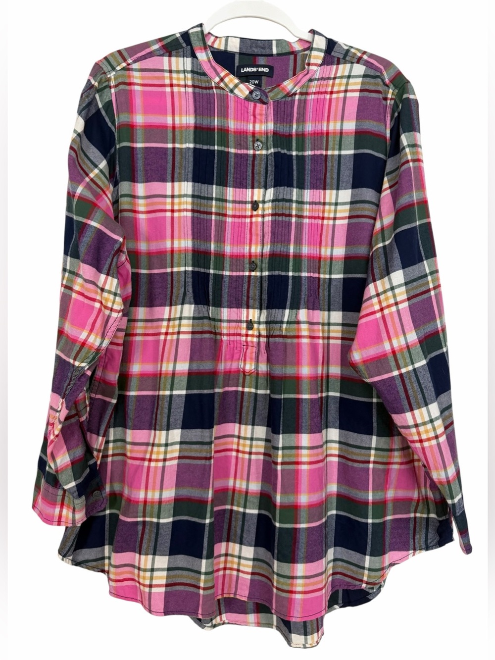 Lands’ End Women’s Long Sleeve Pleated Plaid Flannel Shirt Tunic Colorful 20W